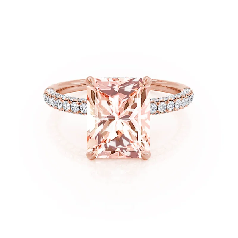 round diamond engagement rings-COCO - Chatham® Radiant Champagne Sapphire & Diamond 18k Rose Gold Petite Hidden Halo Triple Pavé Shoulder Set Ring