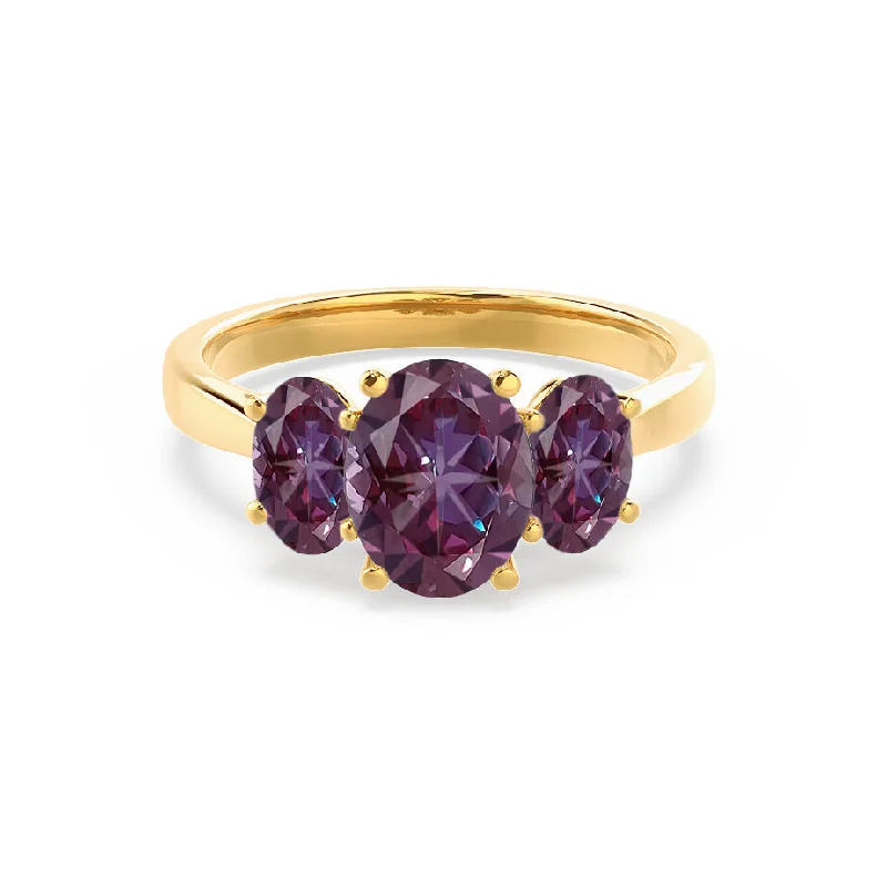 bold engagement rings-EVERDEEN - Chatham® Oval Alexandrite 18k Yellow Gold Trilogy Ring