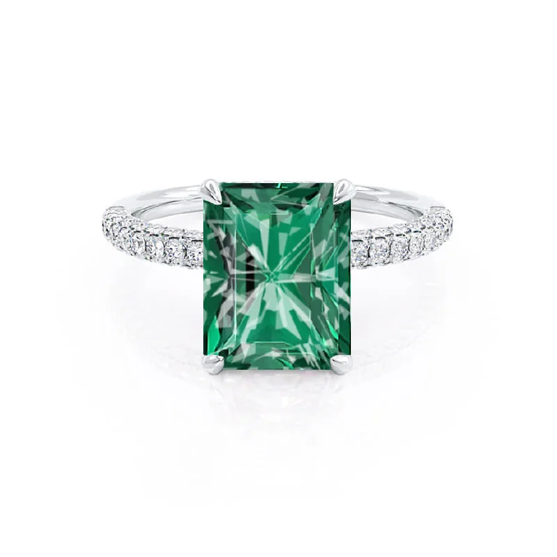 cushion-cut diamond engagement rings-COCO - Chatham® Radiant Emerald & Diamond 950 Platinum Petite Hidden Halo Triple Pavé Shoulder Set Ring