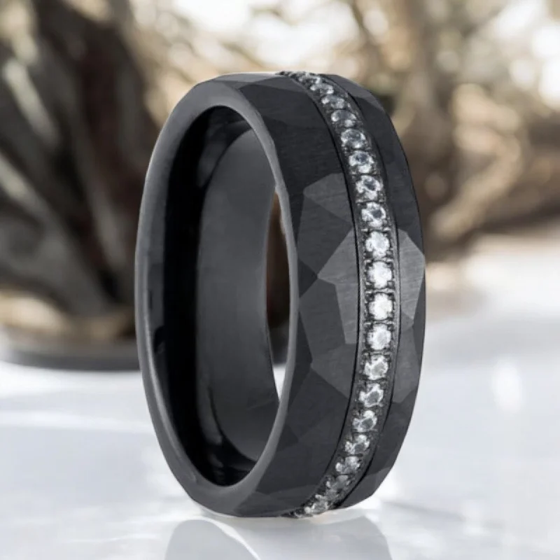 silver rings for women-ARDENT | Black Tungsten Ring, Diamond Stimulate White CZ, Hammered