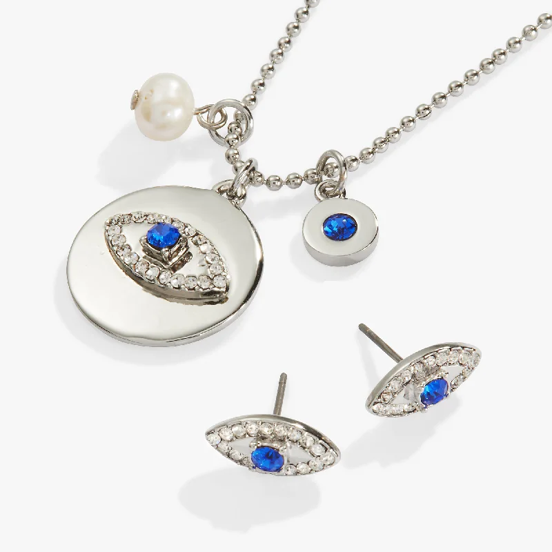 layered necklaces for women-Evil Eye Charm Necklace and Stud Earring Gift Set