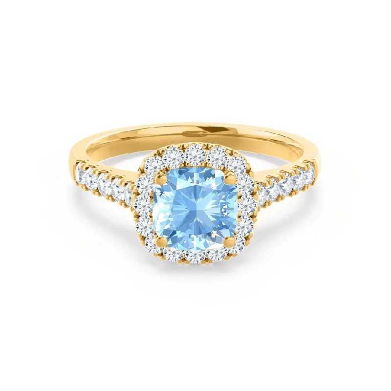 diamond engagement rings-OPHELIA - Chatham® Lab Grown Aqua Spinel & Diamond 18K Yellow Gold Halo