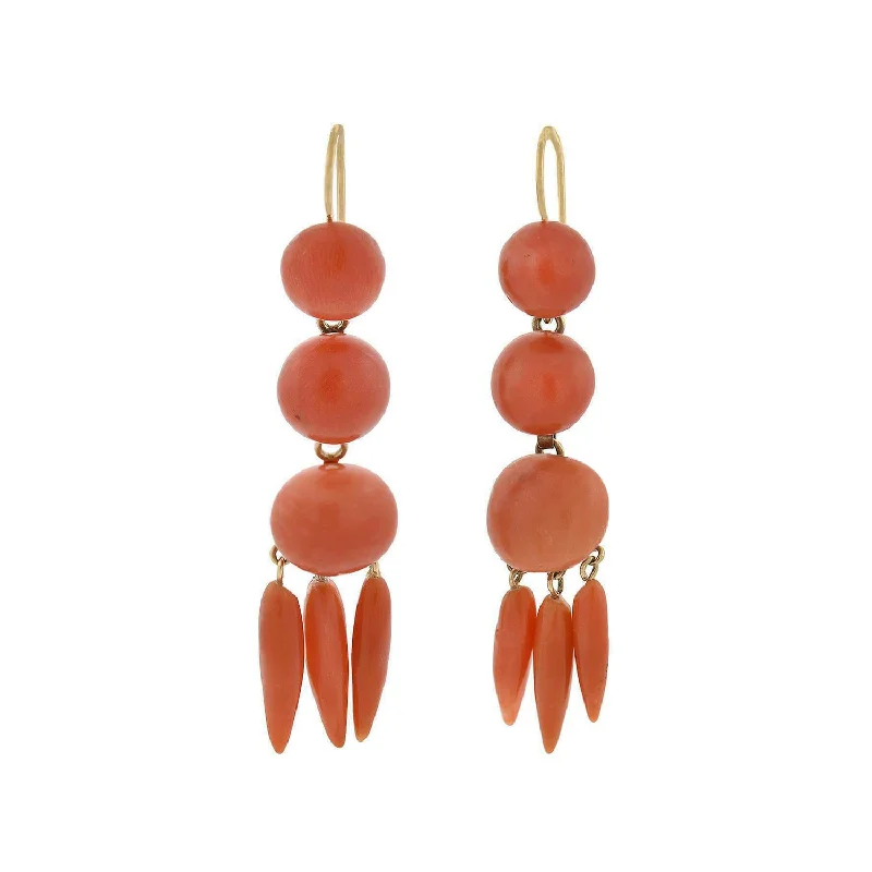 crystal earrings for women-Victorian 14kt Carved Natural Coral Dangling Earrings