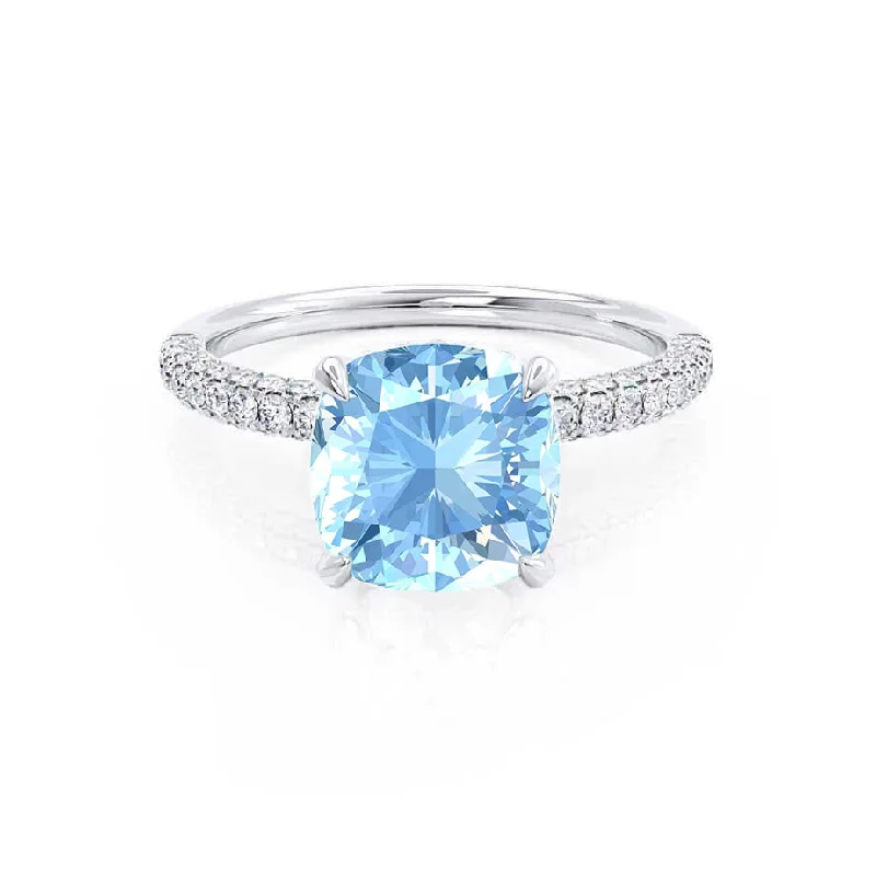 engagement rings with diamonds and sapphires-COCO - Chatham® Cushion Aqua Spinel & Diamond 18k White Gold Hidden Halo Triple Pavé Shoulder Set