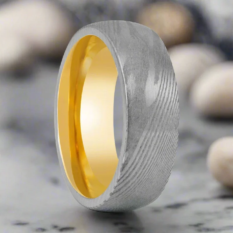 multi-stone rings for women-HELIOS | Damascus Steel Ring, Yellow Tungsten, Domed