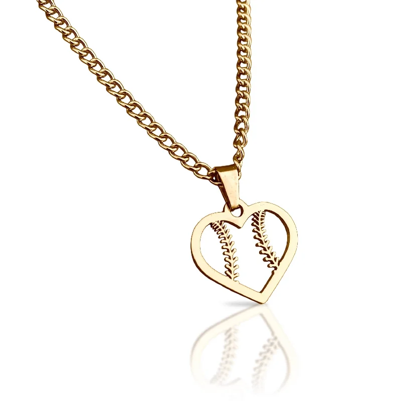 dainty silver necklaces for women-Baseball / Softball Heart Pendant With Chain Necklace - 14K Gold Plated Stainless Steel