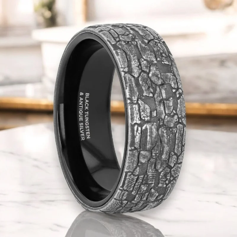 antique rings for women-BROOKSTONE | Black Tungsten Ring, Sterling Silver Stonework Pattern