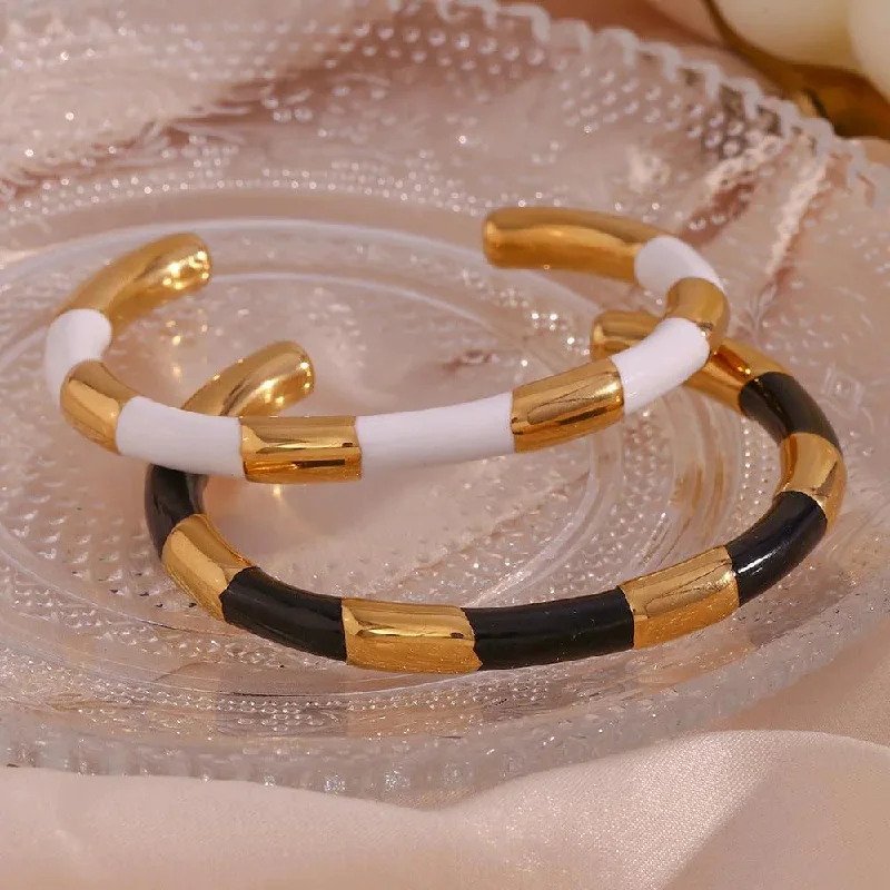 large bangles for women-Trendy Geometric Gold and Black/White Bangle Bracelets – Link Bracelets for Women