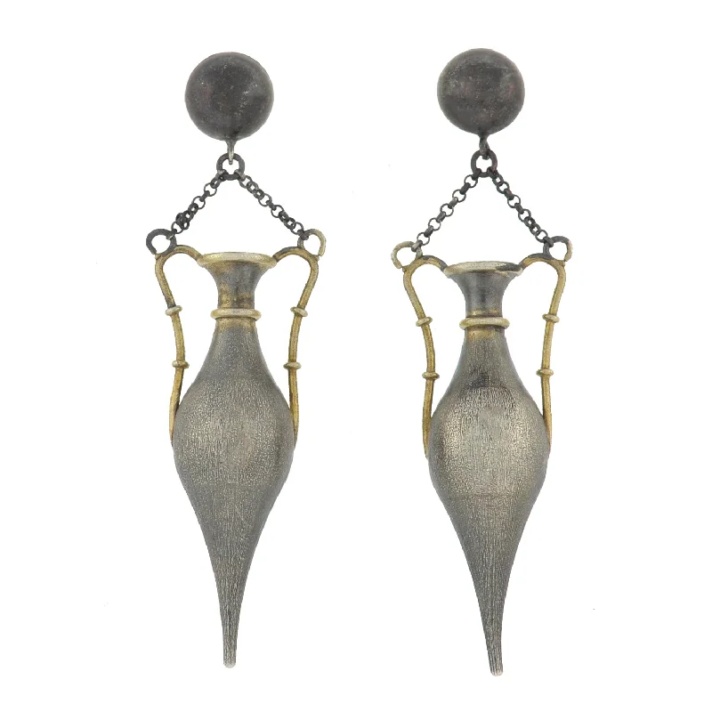 silver earrings for women-Art Deco Long Sterling Silver Gilt Urn Earrings