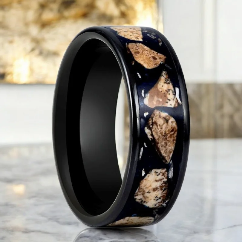 affordable wedding rings for women-DESERTSTONE | Black Tungsten Ring, Rhodochrosite Inlay, Beveled, 8mm