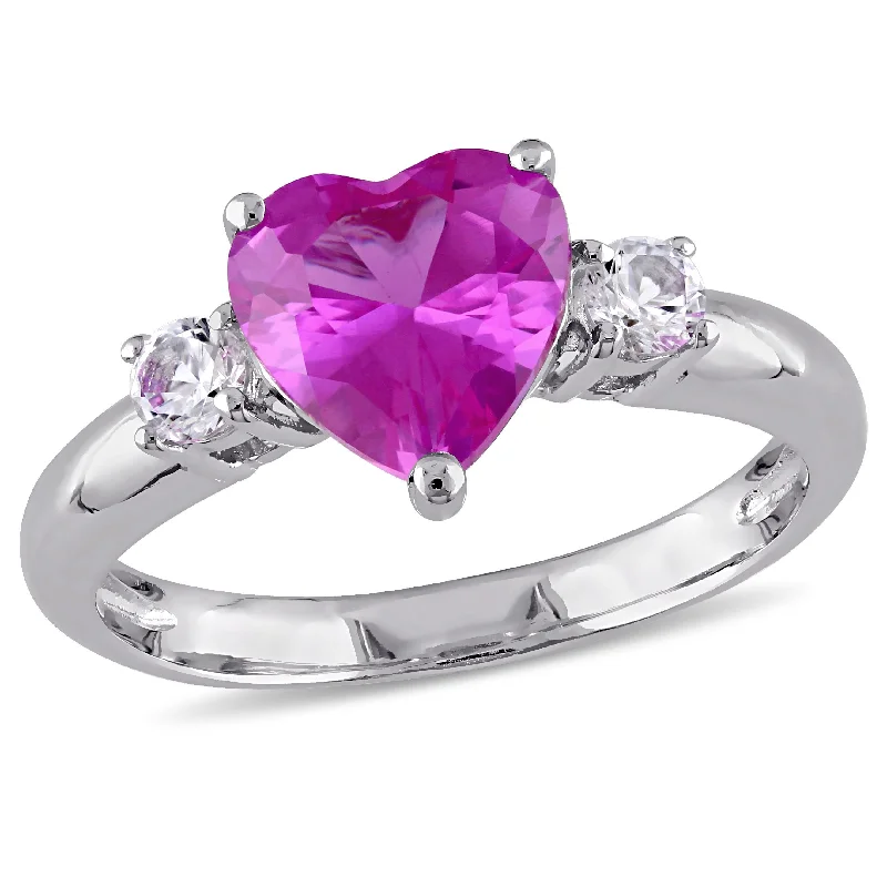 affordable engagement rings-Mimi & Max Created Pink and Created White Sapphire Heart Ring in Sterling Silver