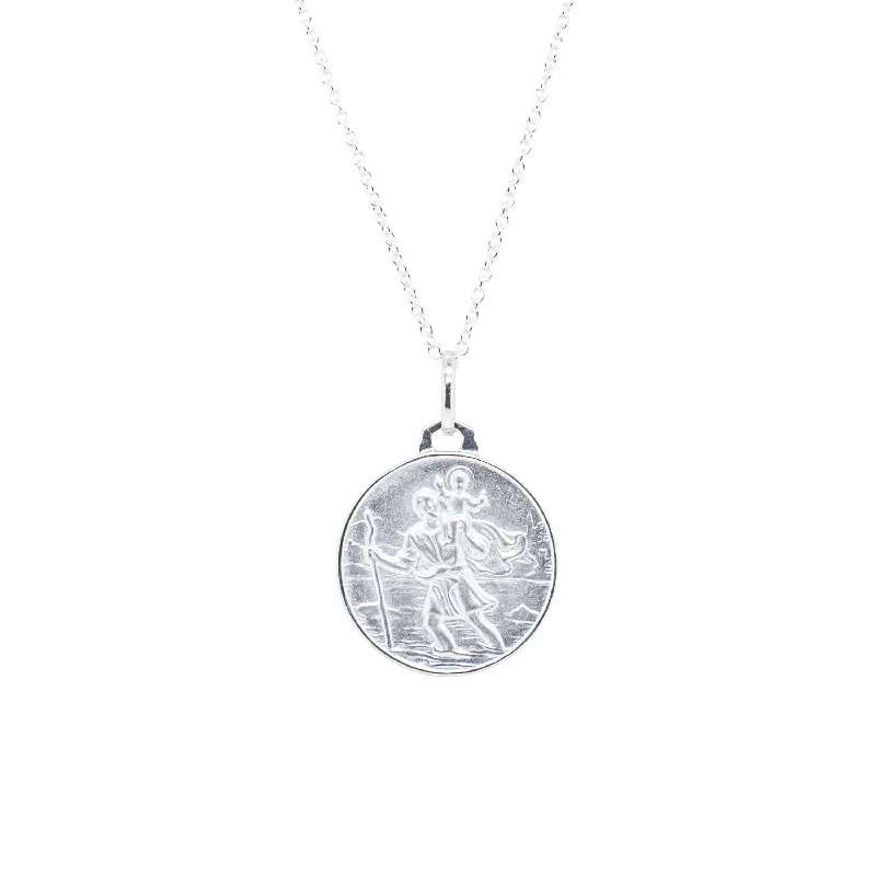 personalized photo necklaces for women-Sterling Silver Saint Christopher Pendant with Curb Chain