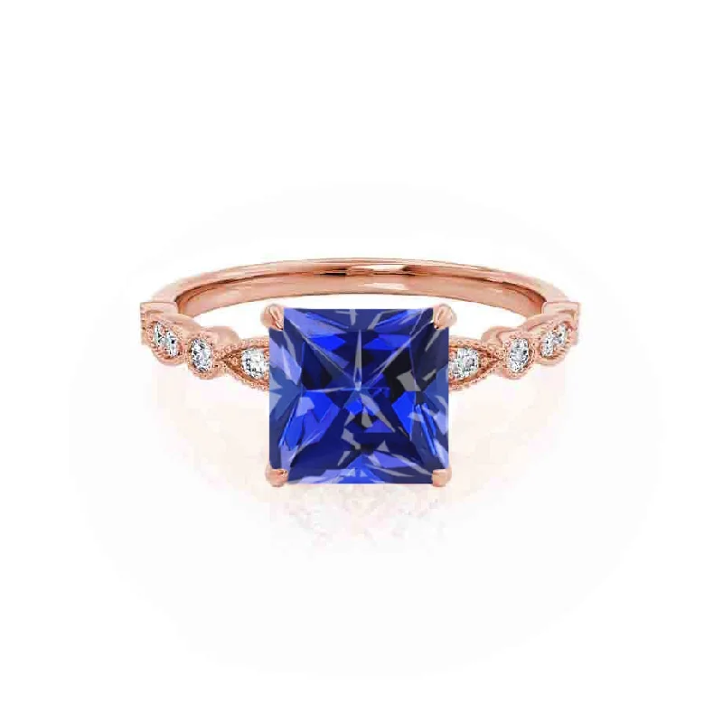 affordable diamond engagement rings-HOPE - Chatham® Princess Blue Sapphire & Diamond 18k Rose Gold Vintage Shoulder Set