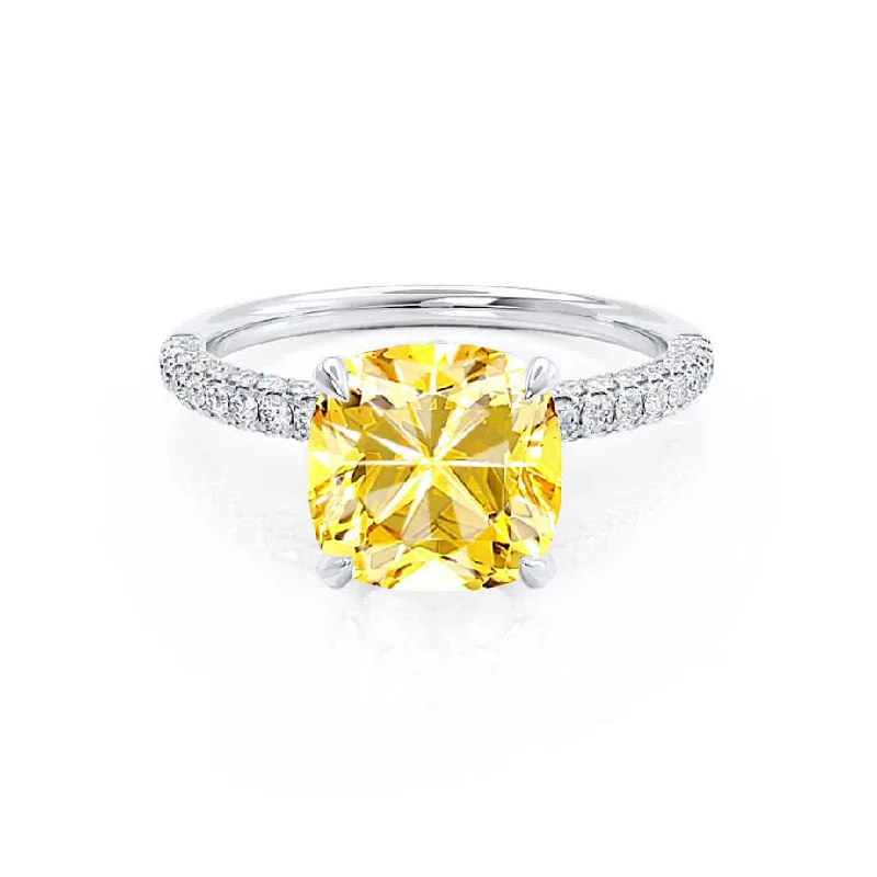 custom diamond engagement rings-COCO - Chatham® Cushion Yellow Sapphire & Diamond 950 Platinum Hidden Halo Triple Pavé Shoulder Set