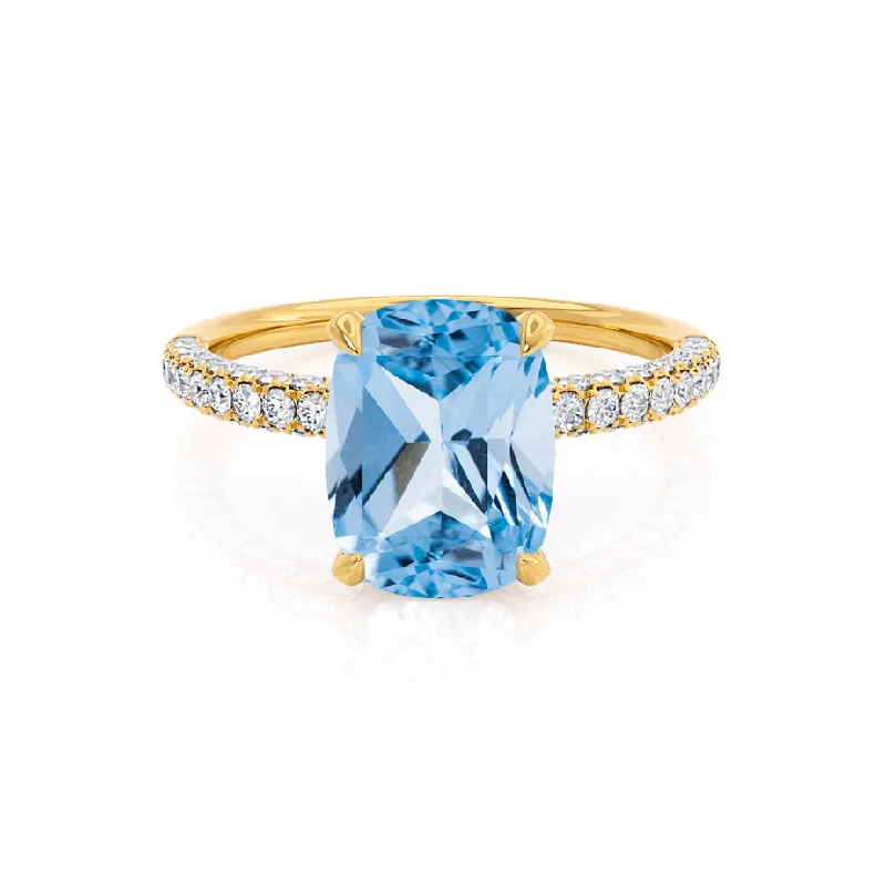 custom-cut gemstone engagement rings-COCO - Chatham® Elongated Cushion Cut Aqua Spinel 18k Yellow Gold Petite Hidden Halo Triple Pavé