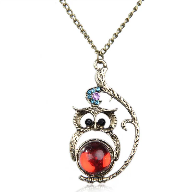 rhinestone necklaces for women-Vintage Long Studded Cute Owl Pattern Nature Stone Pendant Necklace - Perfect Accessory or Gift