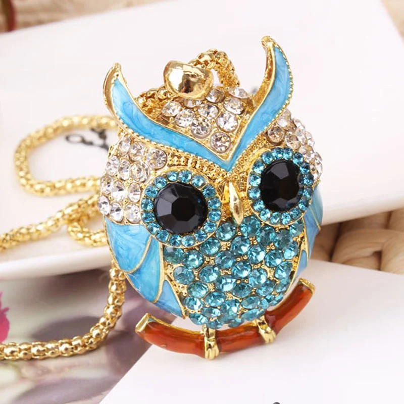 engraved gold necklaces for women-Trendy Womens Fashion Blue Charming Crystal and Gold Owl Pendant Necklace (many colours available)