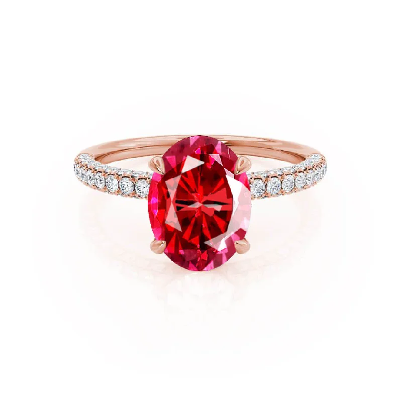 modern engagement rings-COCO - Chatham® Oval Ruby & Diamond 18k Rose Gold Petite Hidden Halo Triple Pavé Shoulder Set Ring