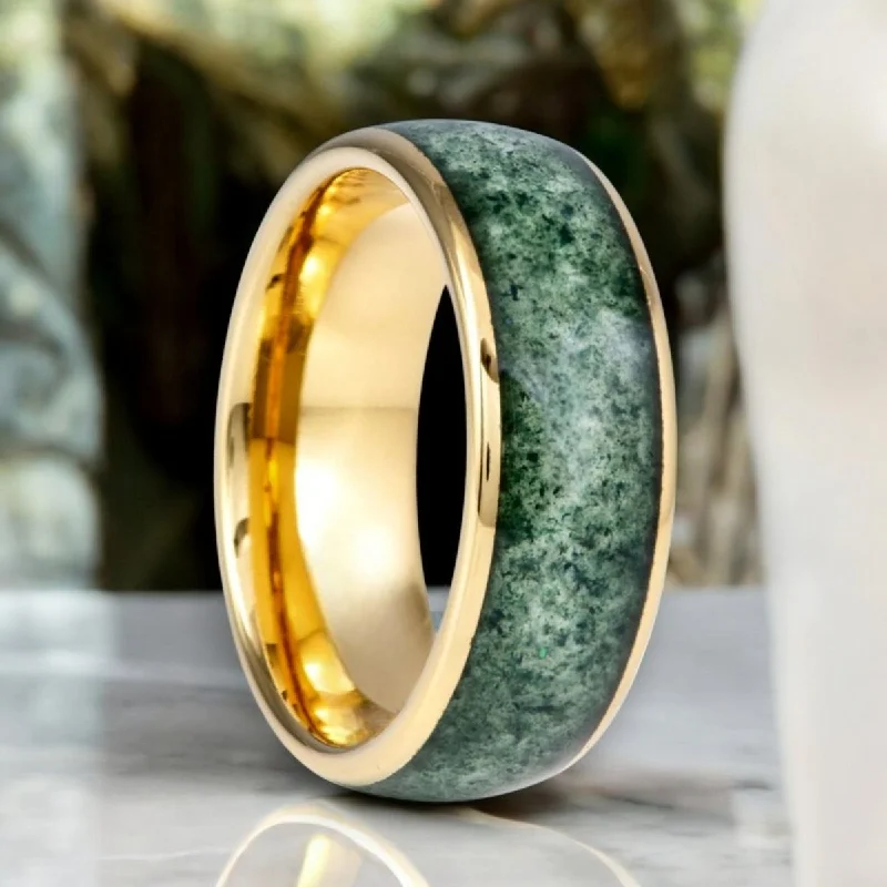 pearl wedding rings for women-MOOSAIRE | Gold Tungsten Ring, Moss Agate Inlay, Domed