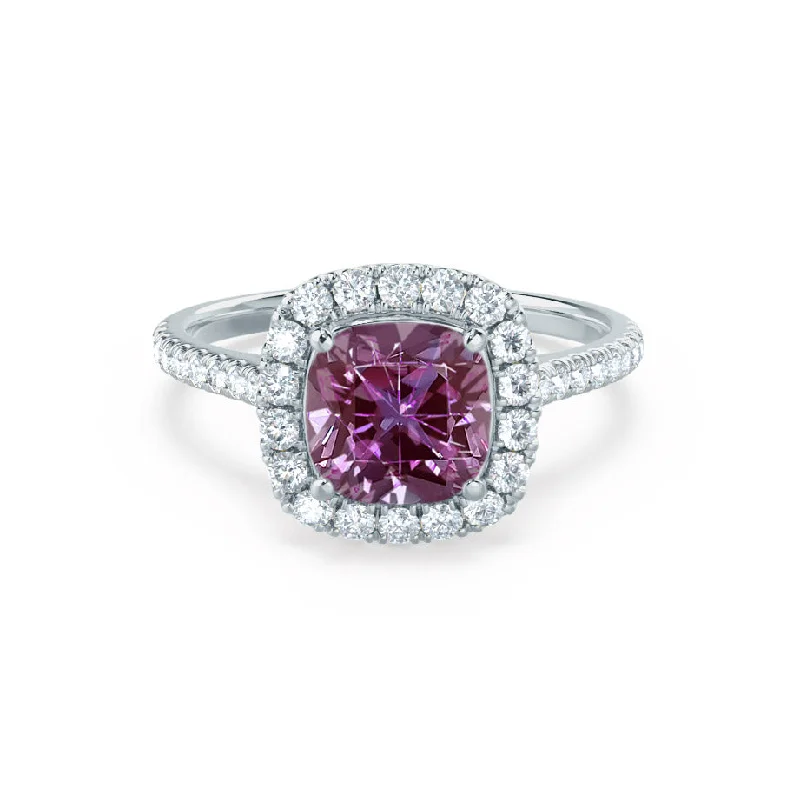 halo diamond engagement rings-VIOLETTE - Chatham® Cushion Alexandrite & Diamond 950 Platinum Petite Halo Ring