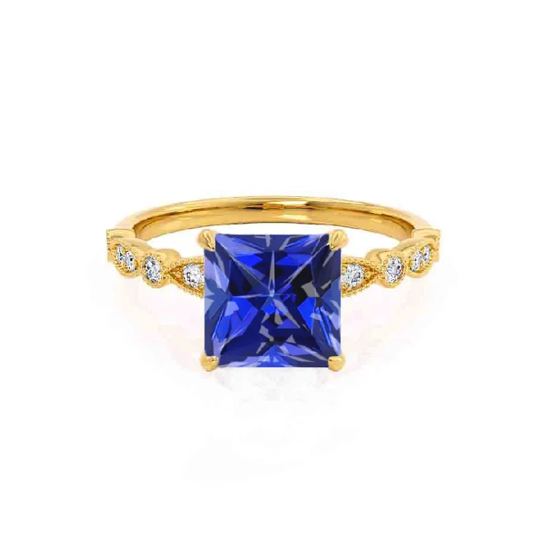 engagement ring with diamond side stones-HOPE - Chatham® Princess Blue Sapphire & Diamond 18k Yellow Gold Vintage Shoulder Set