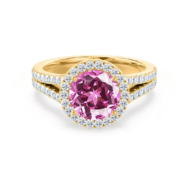 luxurious platinum engagement rings-AMELIA - Chatham® Lab Grown Pink Sapphire & Diamond 18k Yellow Gold Halo Ring