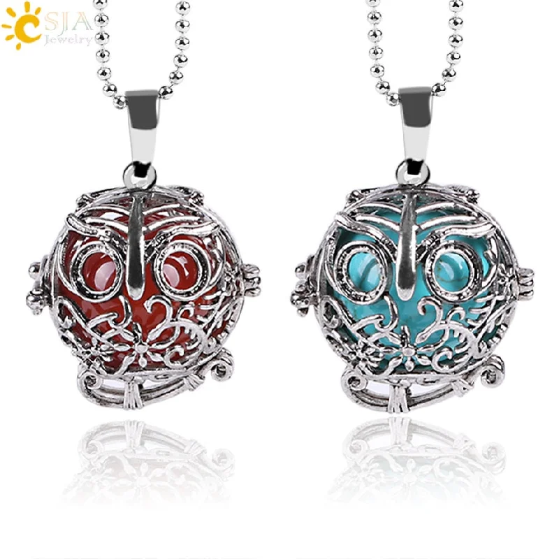 religious necklaces for women-Vintage Reiki Healing Round Gem Stone Owl  Necklace