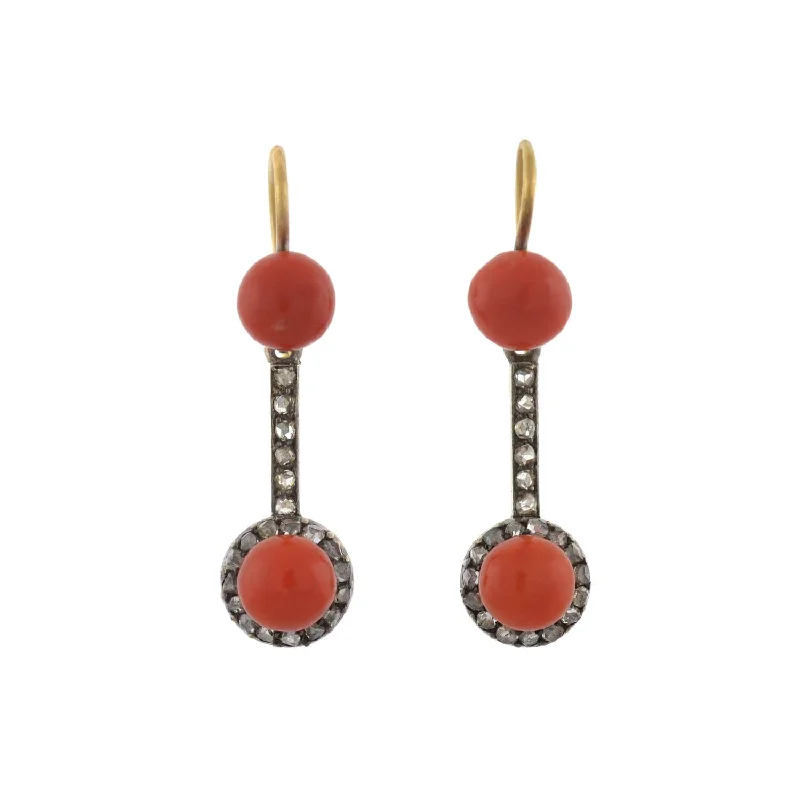 oval earrings for women-Victorian 15kt/Sterling Natural Coral + Rose Cut Diamond Earrings