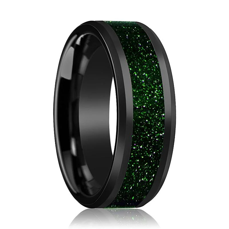 minimalist rings for women-GIOVANNI | Black Ceramic Ring, Green Goldstone Inlay, Beveled