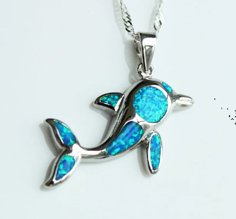 round pendant necklaces for women-Cute Blue Fire Opal Jumping Dolphin Pendant Necklace