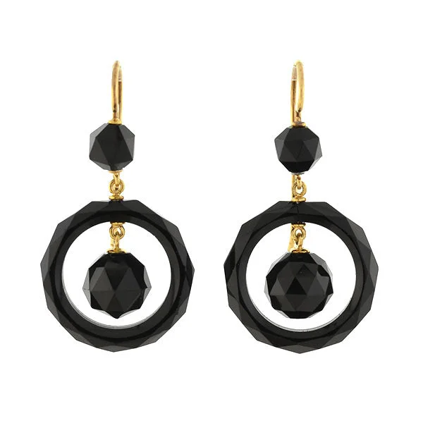 multi-colored earrings for women-Victorian 14kt Faceted Onyx Ball + Ring Earrings