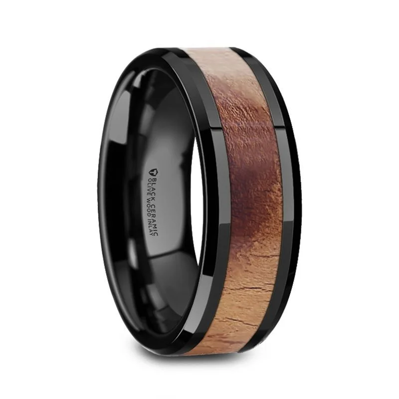 gemstone rings for women-MARCUS | Black Ceramic Ring, Olive Wood Inlay, Beveled