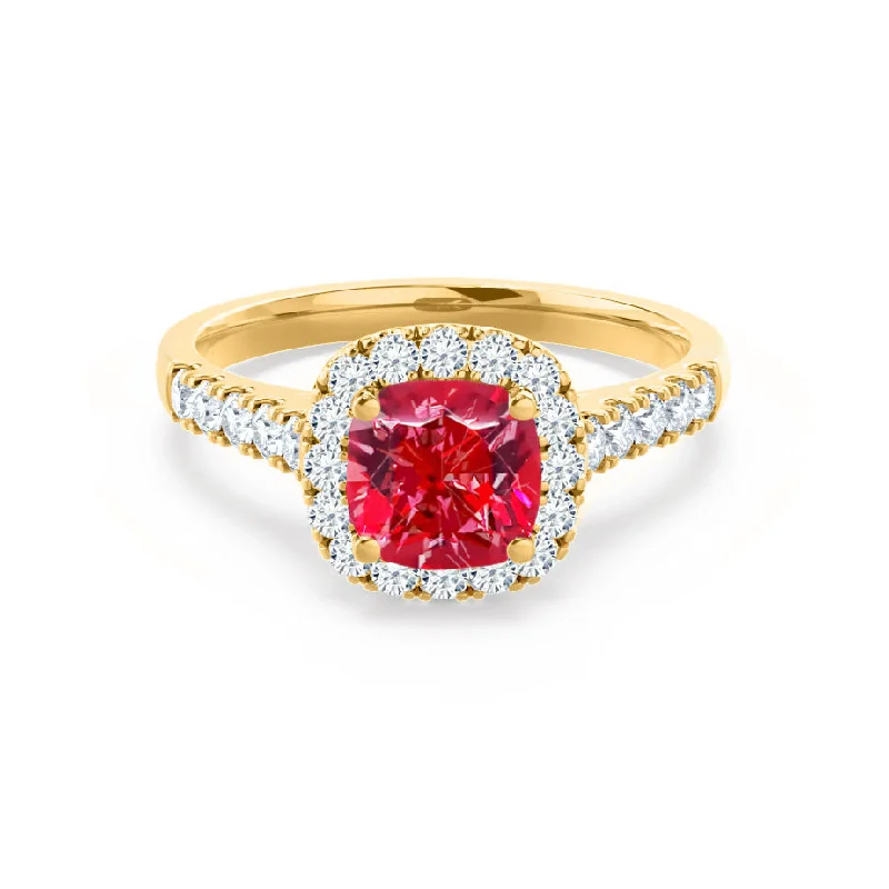 halo diamond engagement rings-OPHELIA - Chatham® Lab Grown Red Ruby & Diamond 18K Yellow Gold Halo Ring