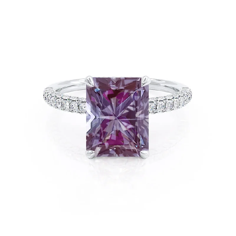 unique modern engagement rings-COCO - Chatham® Radiant Alexandrite & Diamond 18k White Gold Petite Hidden Halo Triple Pavé Shoulder Set Ring