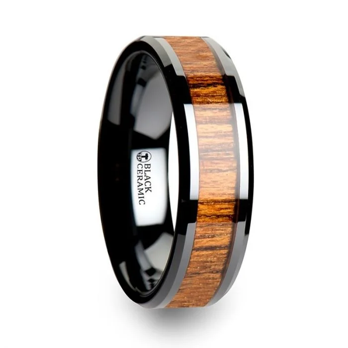 heart-shaped rings for women-SAGON | Black Ceramic Ring, Teak Wood Inlay, Beveled