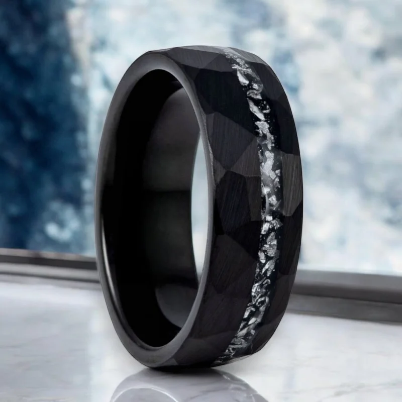 classic wedding rings for women-TITANIS | Black Tungsten Ring, Titanium Shavings Inlay, Hammered