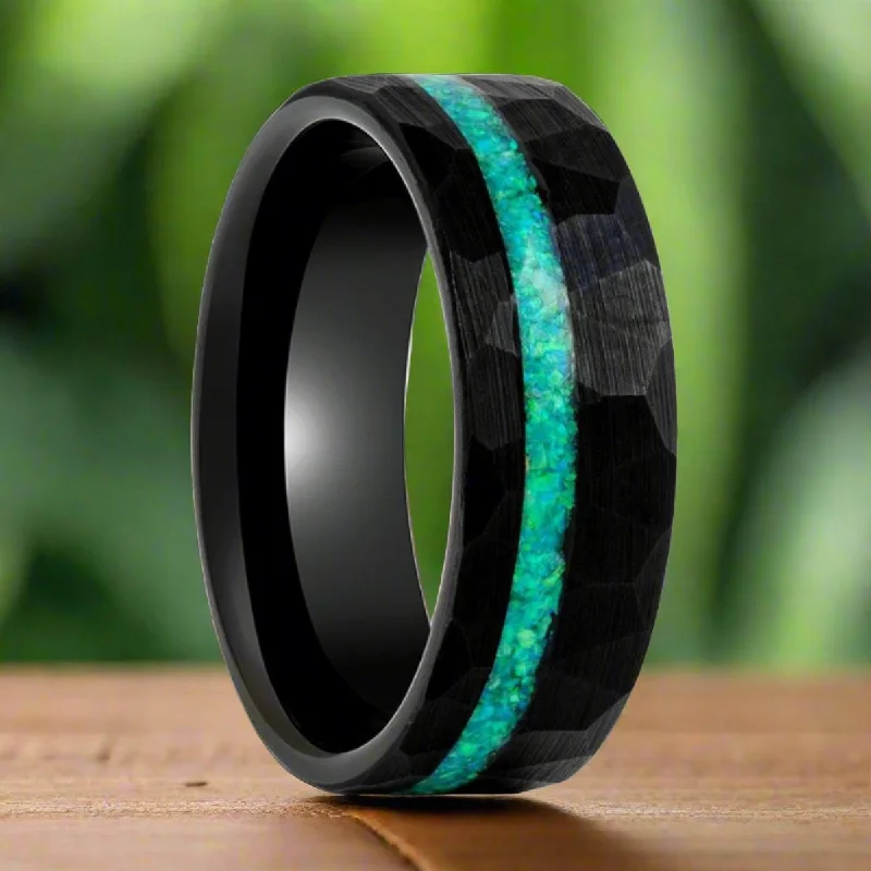 antique rings for women-TURQUISEA | Black Tungsten Ring, Hammered, Green Opal Inlay, Flat