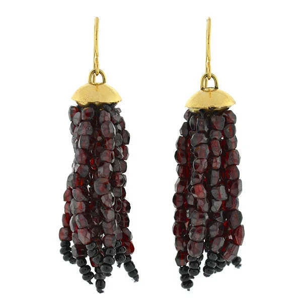 custom gold earrings for women-Estate 18kt Beaded Garnet Tassel Earrings