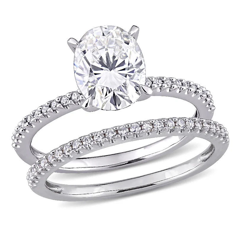 unique halo engagement rings-Mimi & Max 2ct DEW Oval Created Moissanite and 1/4ct TW Diamond Bridal Ring Set in 14k White Gold