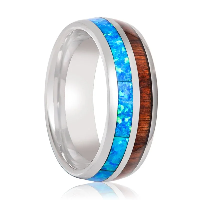 engagement rings for women-GENIE | Silver Tungsten Ring, Koa Wood & Blue Opal Inlay, Domed