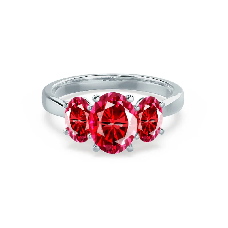 opal engagement rings-EVERDEEN - Chatham® Oval Ruby 950 Platinum Trilogy Ring