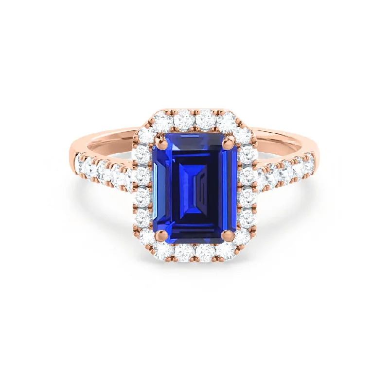 gold diamond engagement rings-ESME - Emerald Lab-Grown Blue Sapphire & Diamond 18K Rose Gold Halo