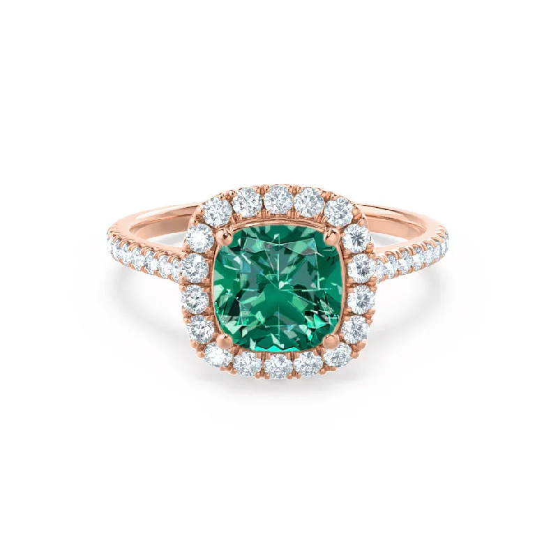 halo engagement rings-VIOLETTE - Chatham® Cushion Emerald & Diamond 18k Rose Gold Petite Halo Ring