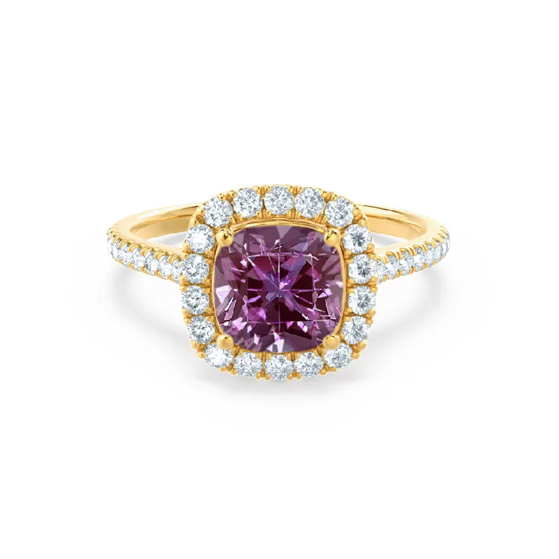 bridal set engagement rings-VIOLETTE - Chatham® Cushion Alexandrite & Diamond 18k Yellow Gold Petite Halo Ring