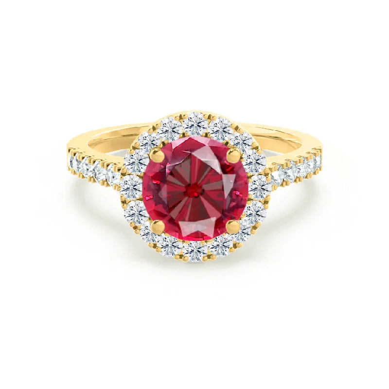 personalized engagement rings-CECILY - Chatham® Lab Grown Red Ruby & Diamond 18k Yellow Gold Halo Ring