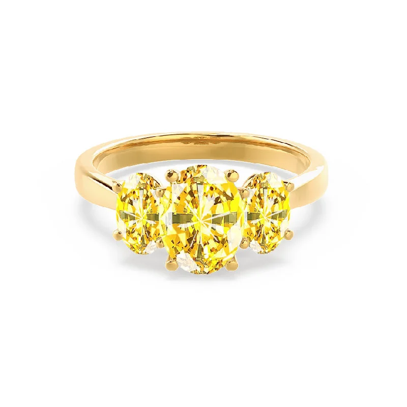 personalized wedding engagement rings-EVERDEEN - Chatham® Oval Yellow Sapphire 18k Yellow Gold Trilogy Ring