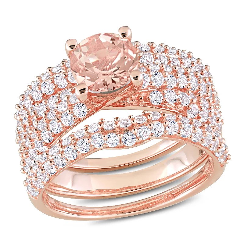 unique wedding engagement rings-Mimi & Max 3 3/4ct TGW Morganite Created White Sapphire Bridal Set in Pink Silver