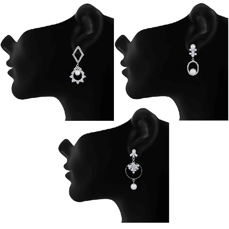 cute earrings for women-Mahi Combo of 3 Rhodium Plated Party Wear Dangler Earrings for Women (VERCO001049)