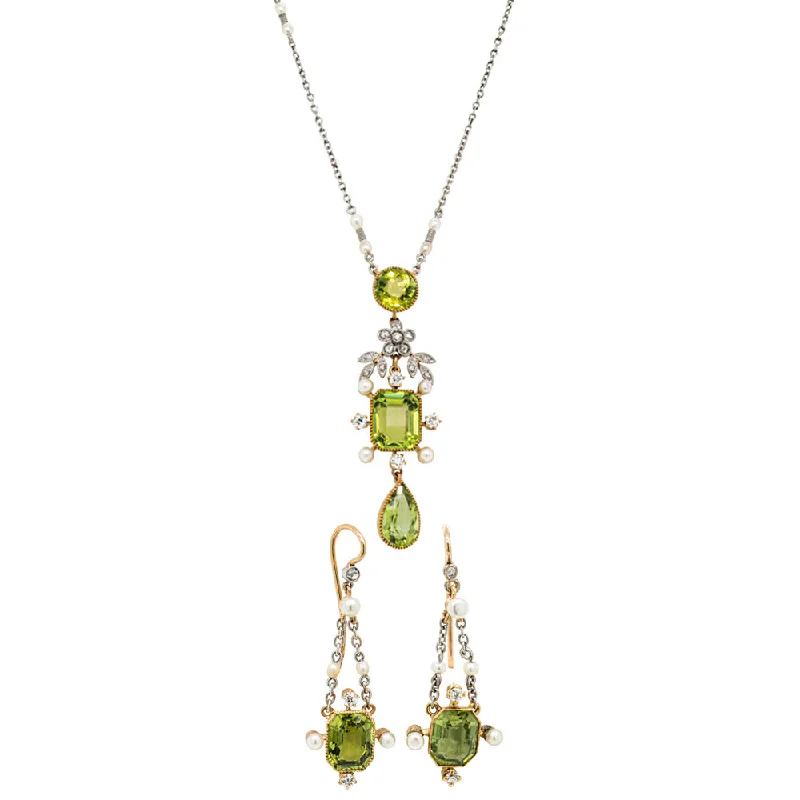 rhinestone necklaces for women-Vintage Platinum & Yellow Gold, Peridot, Pearl & Diamond Set