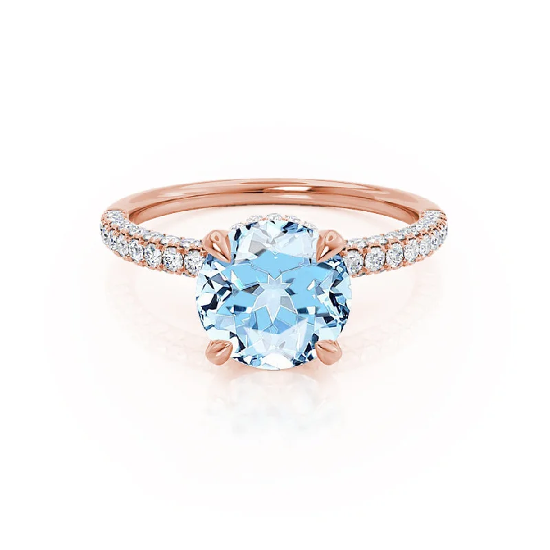 sapphire engagement ring sets-COCO- Chatham® Round Aqua Spinel & Diamond 18k Rose Gold Petite Hidden Halo Triple Pavé Shoulder Set Ring